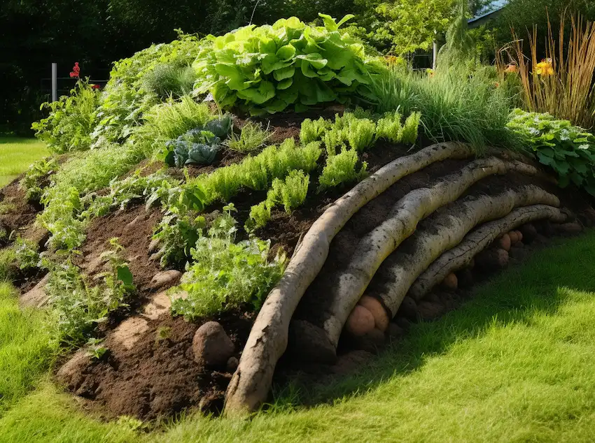 7 Étapes Clés pour Concevoir des Buttes de Hugelkultur en Pente et Booster Votre Récolte 2 Butte de Hugelkultur en pente bien construite et plantée, illustrant les avantages des buttes de Hugelkultur en pente.