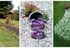 Un magnifique pot renversé en terre cuite d'où s'échappe une cascade de pétunias roses et violets dans un parterre de jardin ensoleillé.