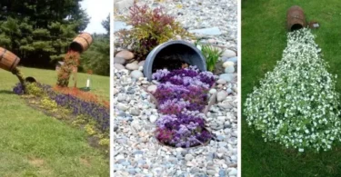 Un magnifique pot renversé en terre cuite d'où s'échappe une cascade de pétunias roses et violets dans un parterre de jardin ensoleillé.