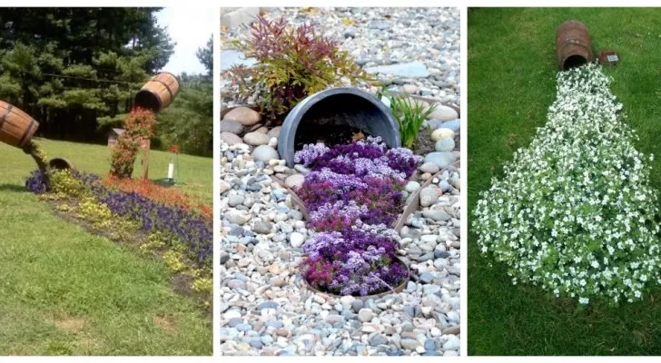 Un magnifique pot renversé en terre cuite d'où s'échappe une cascade de pétunias roses et violets dans un parterre de jardin ensoleillé.