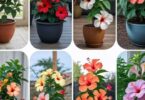 Superbe Hibiscus rosa-sinensis rouge vif en pot sur une terrasse ensoleillée, illustrant les conseils pour cultiver l'Hibiscus en pot.