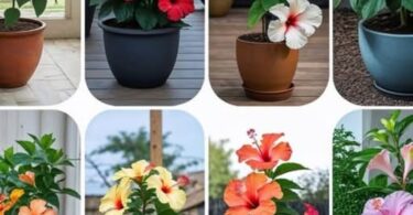 Superbe Hibiscus rosa-sinensis rouge vif en pot sur une terrasse ensoleillée, illustrant les conseils pour cultiver l'Hibiscus en pot.