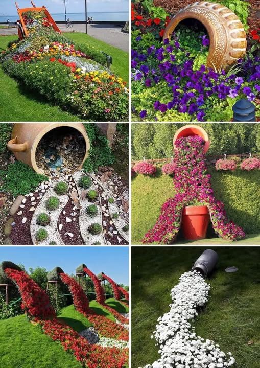 Un magnifique pot renversé en terre cuite d'où s'échappe une cascade de pétunias roses et violets dans un parterre de jardin ensoleillé.