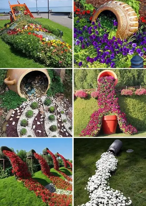 Un magnifique pot renversé en terre cuite d'où s'échappe une cascade de pétunias roses et violets dans un parterre de jardin ensoleillé.