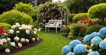 Jardin luxuriant et bien structuré suivant des conseils design jardin experts, avec un coin salon accueillant.