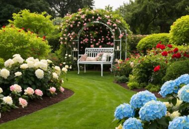 Jardin luxuriant et bien structuré suivant des conseils design jardin experts, avec un coin salon accueillant.