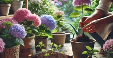 Main préparant une bouture pour le bouturage hortensia, illustrant la méthode simple