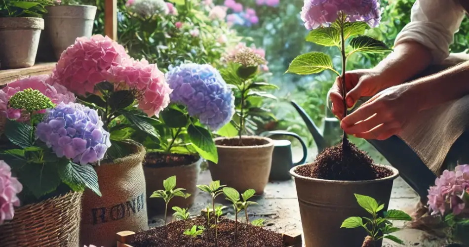 Main préparant une bouture pour le bouturage hortensia, illustrant la méthode simple
