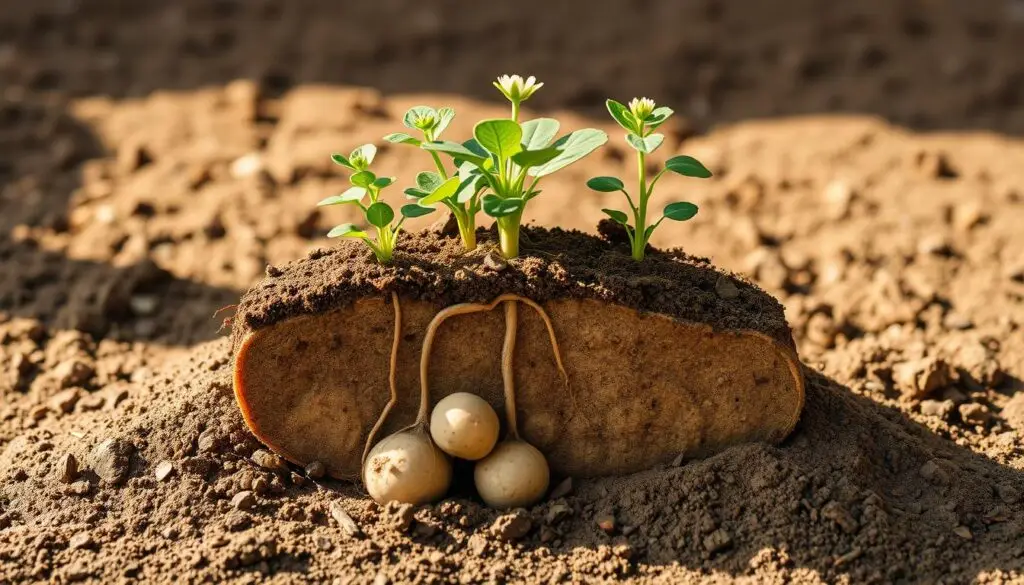 A cross-section of a potato plant, showing its growth cycle in intricate detail. The foreground features the underground root system with sprouting tubers, while the middle ground showcases the leafy green stems and flowers above ground. The background depicts the rich, earthy soil texture and a soft, natural lighting that casts gentle shadows, creating a serene, educational atmosphere. The composition emphasizes the interconnected, cyclical nature of potato cultivation, with a high level of botanical accuracy and visual clarity to effectively illustrate the fundamentals of potato farming. A cross-section of a potato plant, showing its growth cycle in intricate detail. The foreground features the underground root system with sprouting tubers, while the middle ground showcases the leafy green stems and flowers above ground. The background depicts the rich, earthy soil texture and a soft, natural lighting that casts gentle shadows, creating a serene, educational atmosphere. The composition emphasizes the interconnected, cyclical nature of potato cultivation, with a high level of botanical accuracy and visual clarity to effectively illustrate the fundamentals of potato farming.