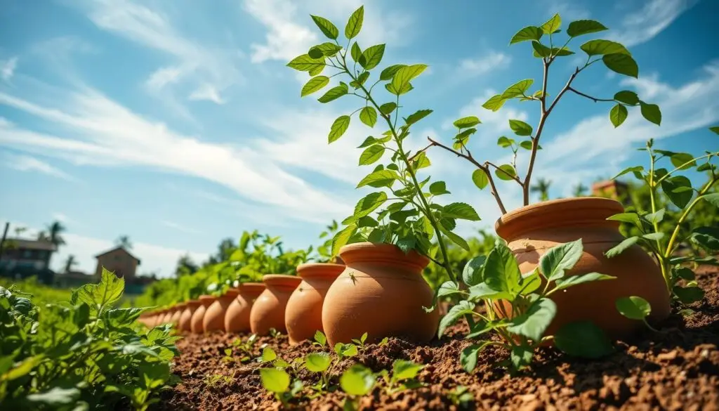 A lush, sun-dappled garden scene, featuring an array of terracotta ollas, or traditional clay pots, partially buried in the soil. The ollas are strategically placed, their porous walls allowing gradual seepage of water into the surrounding earth, creating a highly efficient and eco-friendly irrigation system. In the foreground, verdant plants and vegetables thrive, their leaves gently swaying in a soft breeze. The middle ground showcases the ollas, their earthy tones complementing the rich, fertile soil. In the background, a tranquil blue sky dotted with wispy clouds, conveying a sense of harmony and sustainability. The lighting is warm and natural, casting a golden glow over the scene, highlighting the resourcefulness and timeless wisdom of this ancient irrigation method. A lush, sun-dappled garden scene, featuring an array of terracotta ollas, or traditional clay pots, partially buried in the soil. The ollas are strategically placed, their porous walls allowing gradual seepage of water into the surrounding earth, creating a highly efficient and eco-friendly irrigation system. In the foreground, verdant plants and vegetables thrive, their leaves gently swaying in a soft breeze. The middle ground showcases the ollas, their earthy tones complementing the rich, fertile soil. In the background, a tranquil blue sky dotted with wispy clouds, conveying a sense of harmony and sustainability. The lighting is warm and natural, casting a golden glow over the scene, highlighting the resourcefulness and timeless wisdom of this ancient irrigation method.