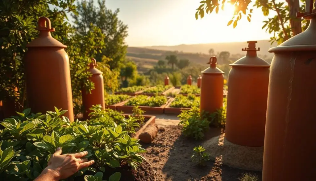 A sun-dappled garden, where terracotta ollas, the ancient water vessels, stand sentinel amid lush foliage. Their earthy hues blend seamlessly with the verdant landscape, a testament to their timeless functionality. In the foreground, a gardener's hand gently tends to the soil, nurturing the plants that thrive on the slow, steady release of water from the ollas. The mid-ground reveals a patchwork of meticulously tended garden beds, each one a microcosm of sustainable irrigation. In the distance, a gentle slope leads the eye to a horizon softened by the warm, diffused light of a golden hour. This scene captures the essence of a journey towards a more durable, water-wise future, where ancient wisdom and modern sensibilities converge to create a harmonious, eco-friendly oasis. A sun-dappled garden, where terracotta ollas, the ancient water vessels, stand sentinel amid lush foliage. Their earthy hues blend seamlessly with the verdant landscape, a testament to their timeless functionality. In the foreground, a gardener's hand gently tends to the soil, nurturing the plants that thrive on the slow, steady release of water from the ollas. The mid-ground reveals a patchwork of meticulously tended garden beds, each one a microcosm of sustainable irrigation. In the distance, a gentle slope leads the eye to a horizon softened by the warm, diffused light of a golden hour. This scene captures the essence of a journey towards a more durable, water-wise future, where ancient wisdom and modern sensibilities converge to create a harmonious, eco-friendly oasis.