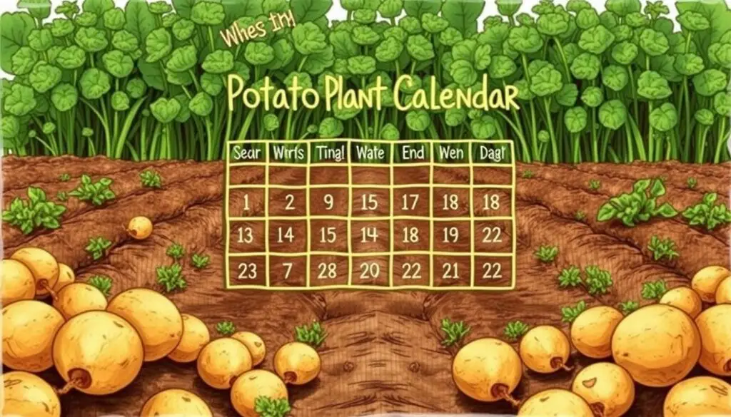 Detailed illustration of a potato planting calendar, featuring a central planting schedule with rows of potatoes against a backdrop of nature. The calendar is presented in a rustic, hand-drawn style with lush, verdant foliage and warm, earthy tones. The composition highlights the importance of timing and seasonal awareness when it comes to growing potatoes successfully. The overall mood is one of practical, down-to-earth wisdom and a connection to the rhythms of the natural world. Detailed illustration of a potato planting calendar, featuring a central planting schedule with rows of potatoes against a backdrop of nature. The calendar is presented in a rustic, hand-drawn style with lush, verdant foliage and warm, earthy tones. The composition highlights the importance of timing and seasonal awareness when it comes to growing potatoes successfully. The overall mood is one of practical, down-to-earth wisdom and a connection to the rhythms of the natural world.