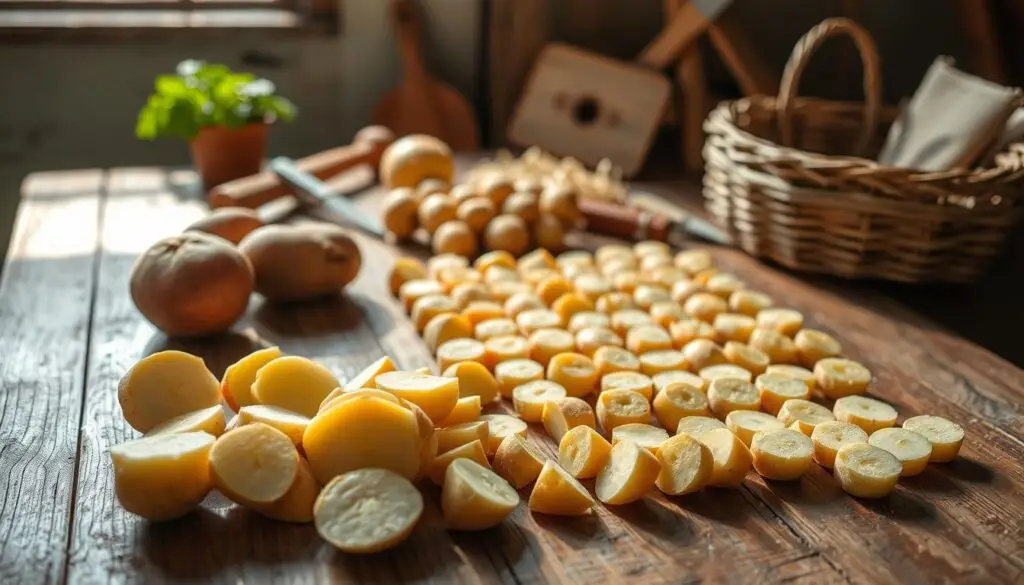 Preparation of potato seedlings on a rustic wooden table, sunlight streaming through a nearby window. In the foreground, carefully selected seed potatoes are cut into pieces, each with an eye visible. In the middle ground, the cut pieces are arranged in an organized grid, ready for the next stage of sprouting. The background features simple gardening tools and a woven basket, conveying the artisanal, traditional nature of this task. The overall mood is one of diligence and attention to detail, befitting the importance of this step in growing a bountiful potato harvest. Preparation of potato seedlings on a rustic wooden table, sunlight streaming through a nearby window. In the foreground, carefully selected seed potatoes are cut into pieces, each with an eye visible. In the middle ground, the cut pieces are arranged in an organized grid, ready for the next stage of sprouting. The background features simple gardening tools and a woven basket, conveying the artisanal, traditional nature of this task. The overall mood is one of diligence and attention to detail, befitting the importance of this step in growing a bountiful potato harvest.