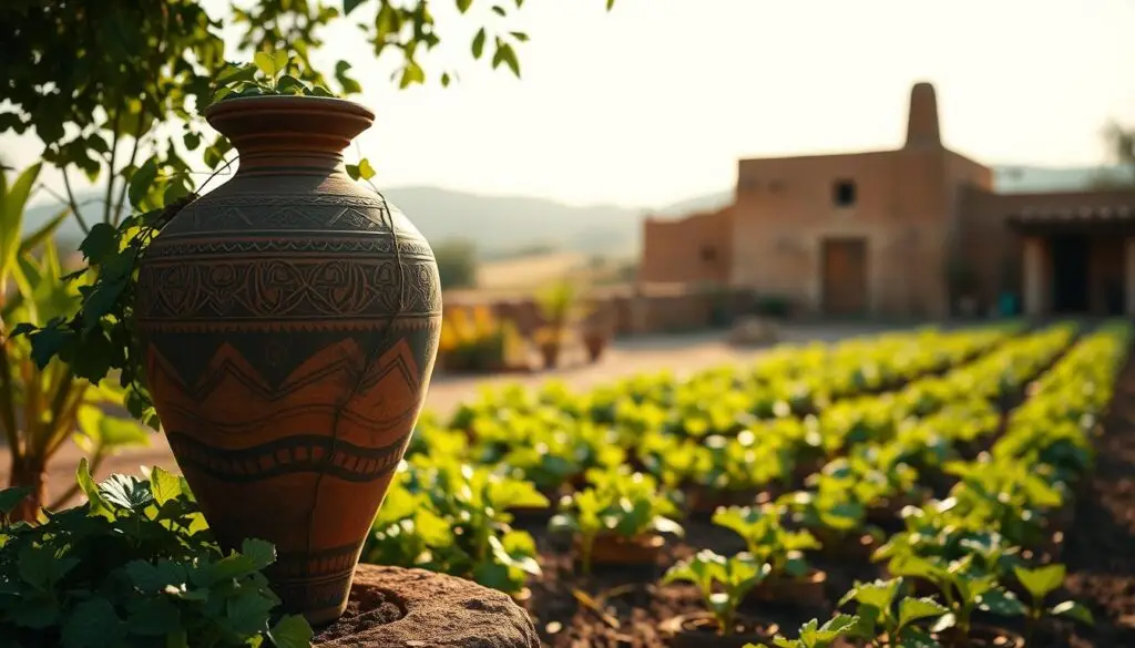 Principe scientifique ollas irrigation: A serene and tranquil scene showcasing an ancient irrigation system. In the foreground, an intricately crafted olla clay pot stands tall, its surface adorned with intricate patterns. Lush, verdant foliage surrounds the olla, hinting at the life-giving water it provides. In the middle ground, a carefully tended garden bed extends, with healthy plants thriving under the olla's gentle drip. The background features a softly lit, rustic setting, with a traditional adobe structure and rolling hills in the distance, conveying a sense of timeless wisdom and sustainable practices. The lighting is warm and natural, creating a peaceful, contemplative atmosphere. Principe scientifique ollas irrigation: A serene and tranquil scene showcasing an ancient irrigation system. In the foreground, an intricately crafted olla clay pot stands tall, its surface adorned with intricate patterns. Lush, verdant foliage surrounds the olla, hinting at the life-giving water it provides. In the middle ground, a carefully tended garden bed extends, with healthy plants thriving under the olla's gentle drip. The background features a softly lit, rustic setting, with a traditional adobe structure and rolling hills in the distance, conveying a sense of timeless wisdom and sustainable practices. The lighting is warm and natural, creating a peaceful, contemplative atmosphere.