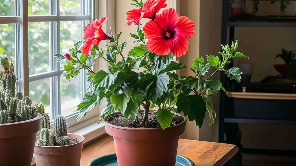 12+ Conseils Essentiels pour un Hibiscus en Pot et une Floraison Spectaculaire 2 Superbe Hibiscus rosa-sinensis rouge vif en pot sur une terrasse ensoleillée, illustrant les conseils pour cultiver l'Hibiscus en pot.