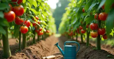 Plant de tomate chargé de fruits rouges mûrs et juteux dans un potager ensoleillé, illustrant une culture tomate réussie grâce à des techniques secrètes.