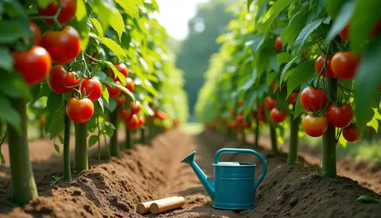 Plant de tomate chargé de fruits rouges mûrs et juteux dans un potager ensoleillé, illustrant une culture tomate réussie grâce à des techniques secrètes.