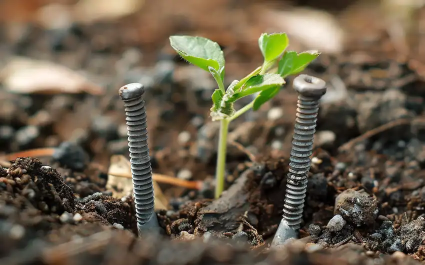 La Vérité sur les Clous dans les Plantes : Mythe Jardinage ou Astuce Efficace ? + 5 Alternatives 3 Main plaçant délicatement des clous rouillés près de la base d'une plante verte, illustrant l'astuce des clous dans les plantes.