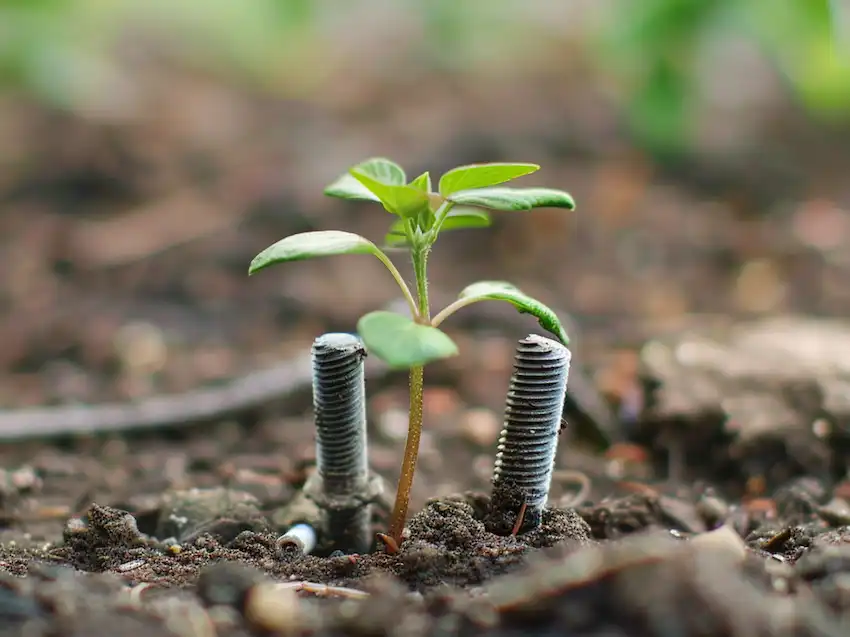 La Vérité sur les Clous dans les Plantes : Mythe Jardinage ou Astuce Efficace ? + 5 Alternatives 2 Main plaçant délicatement des clous rouillés près de la base d'une plante verte, illustrant l'astuce des clous dans les plantes.