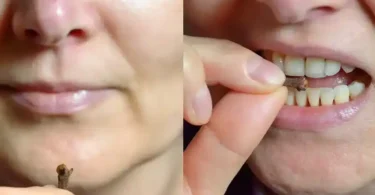 Femme souriante tenant des clous de girofle, illustrant les bienfaits de mâcher des clous de girofle.
