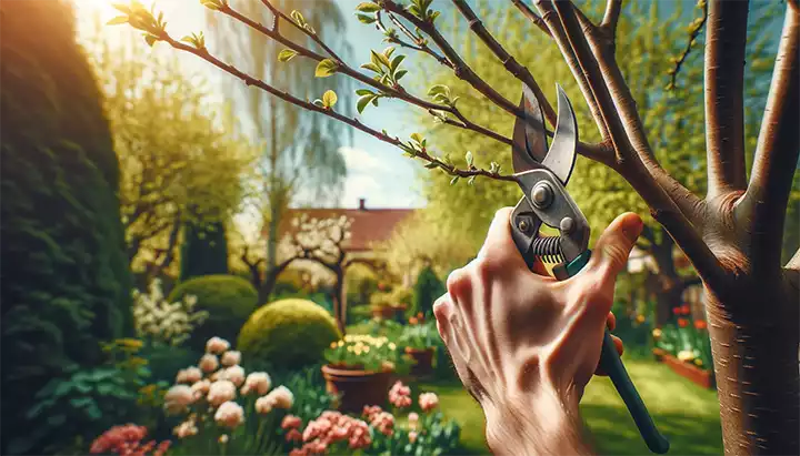 Expert jardinier réalisant la taille des arbres et arbustes pour stimuler la floraison